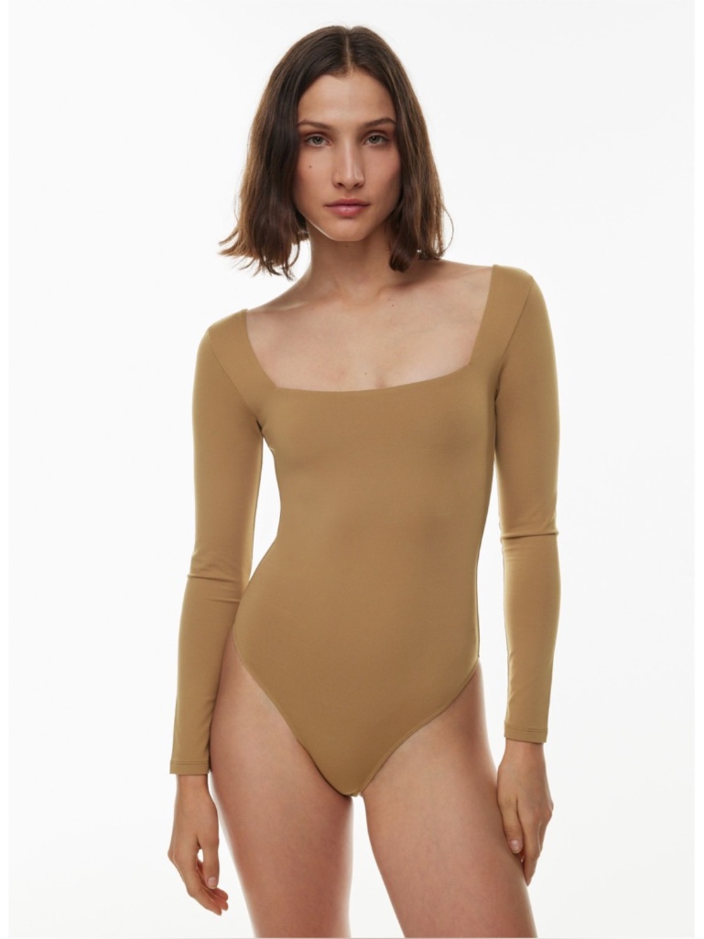 Babaton Aritzia Contour Squareneck Longsleeve Bodysuit in Warm Camel Brown